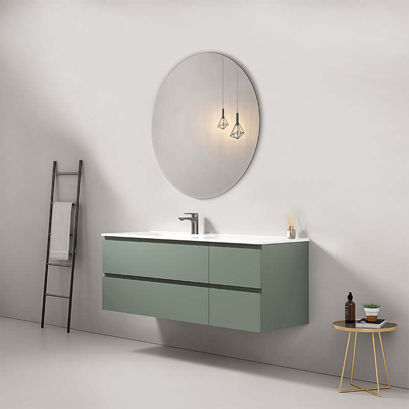 Mobile bagno sospeso 140 cm Verde Salvia con lavabo a sinistra e specchio tondo, design moderno e elegante. (25687044)