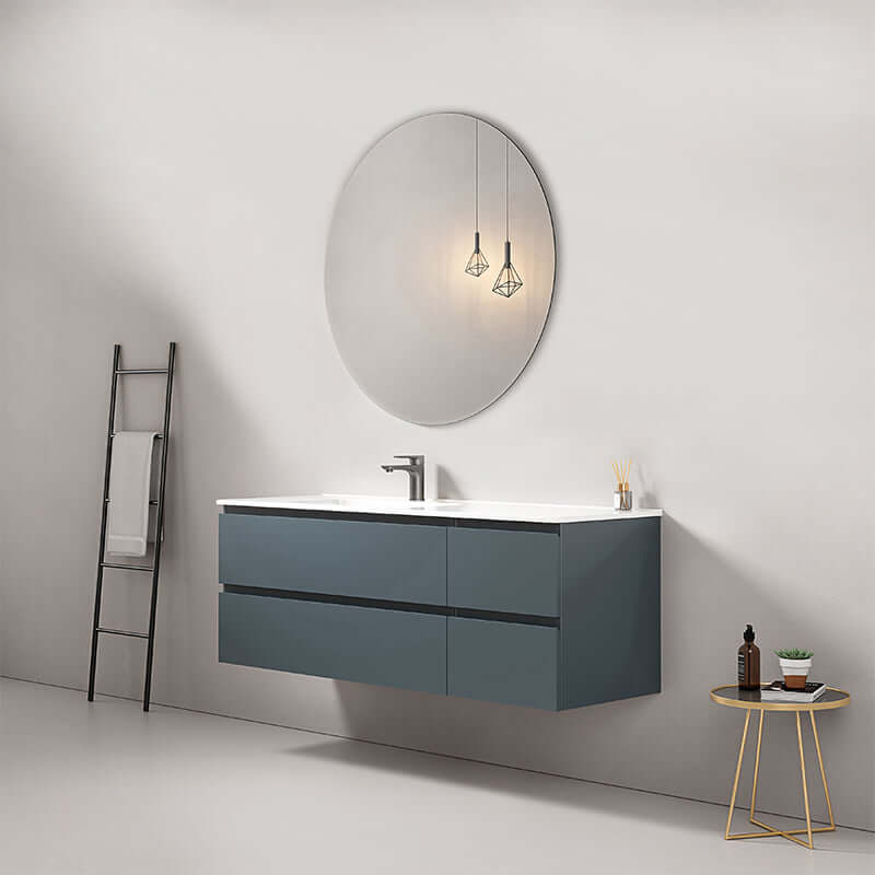 Mobile bagno sospeso blu mare 140 cm con lavabo a sinistra e specchio tondo, design moderno e funzionale per il bagno. (25686308)