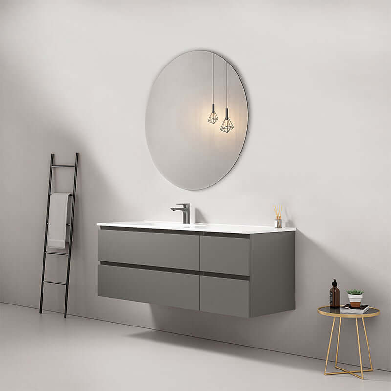 Mobile bagno sospeso grigio Londra con lavabo, specchio tondo e arredamento moderno. (25686754)
