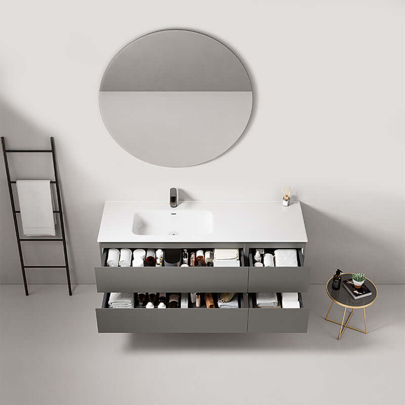 Mobile bagno sospeso 140 cm Grigio Londra con lavabo a sinistra e specchio tondo, design moderno e funzionale. (25686755)