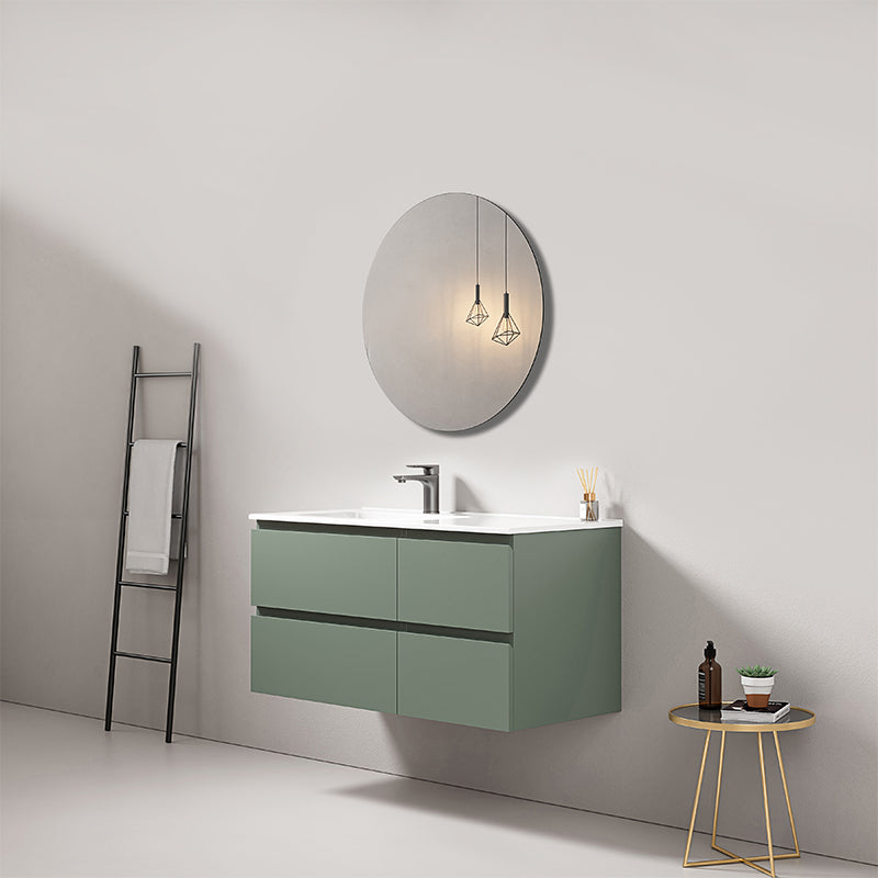 Mobile bagno sospeso 100 cm Verde Salvia Lavabo a Sinistra in Ceramica Specchio Tondo - Fiji Paint