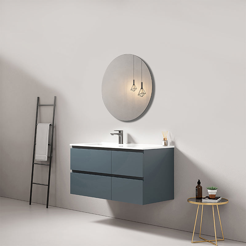 Mobile bagno sospeso 100 cm Blu Mare Lavabo a Sinistra in Ceramica Specchio Tondo - Fiji Paint