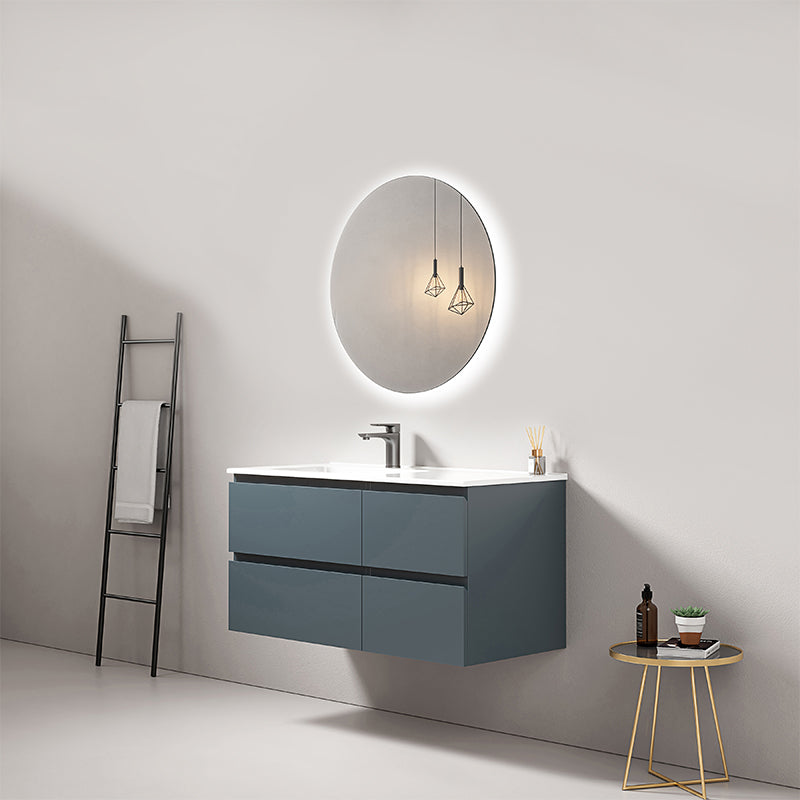 Mobile bagno sospeso 100 cm Blu Mare Lavabo a Sinistra in Ceramica Specchio Tondo Retroilluminato - Fiji Paint