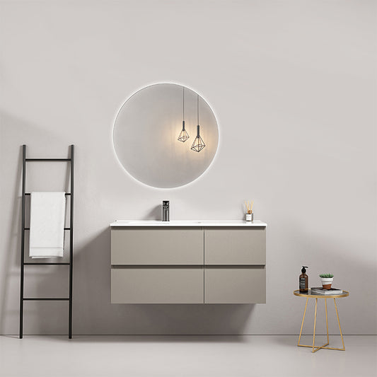 Mobile bagno sospeso 100 cm Grigio Cenere Lavabo a Sinistra in Ceramica Specchio Tondo Retroilluminato - Fiji Paint