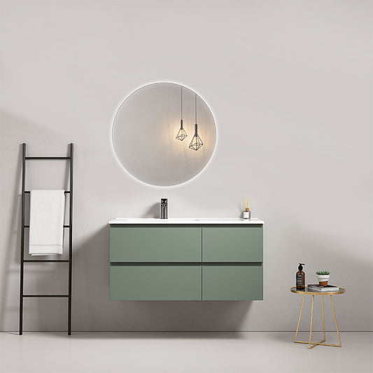 Mobile bagno sospeso 100 cm Verde Salvia Lavabo a Sinistra in Ceramica Specchio Tondo Retroilluminato - Fiji Paint