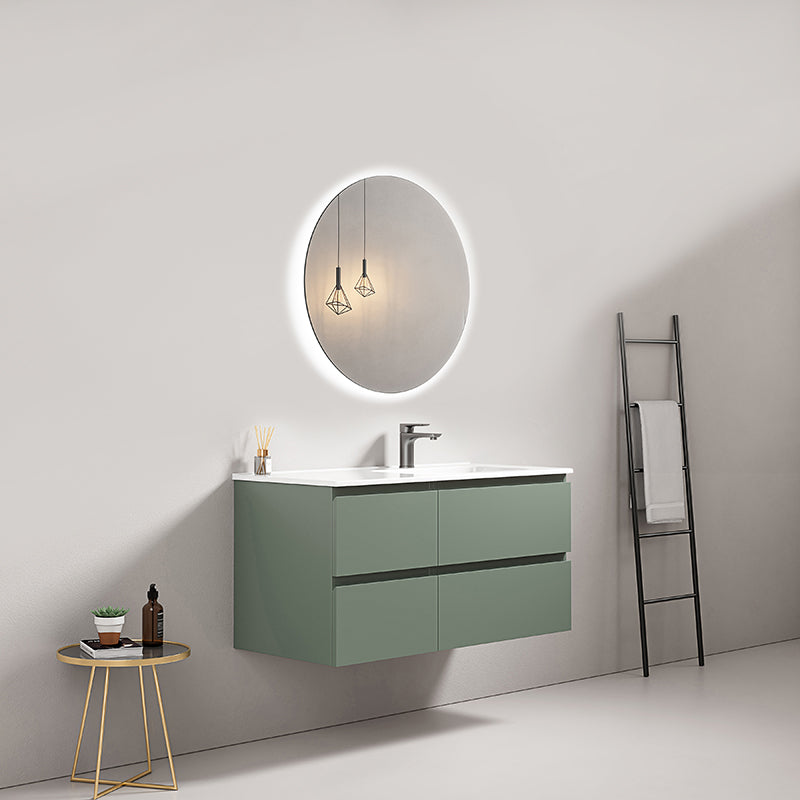Mobile bagno sospeso 100 cm Verde Salvia Lavabo a Destra in Ceramica Specchio Tondo Retroilluminato - Fiji Paint