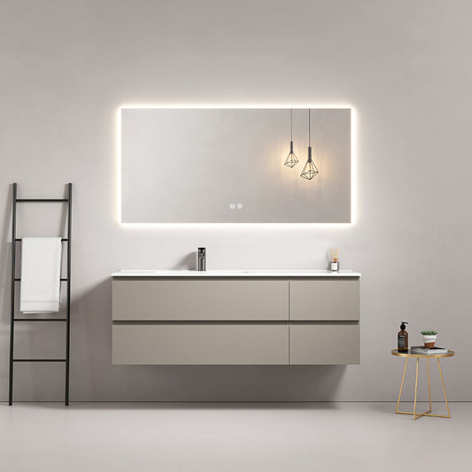 Mobile bagno sospeso 140 cm Grigio Cenere Lavabo a Sinistra in Resina Specchio Quadro Retroilluminato - Fiji Paint