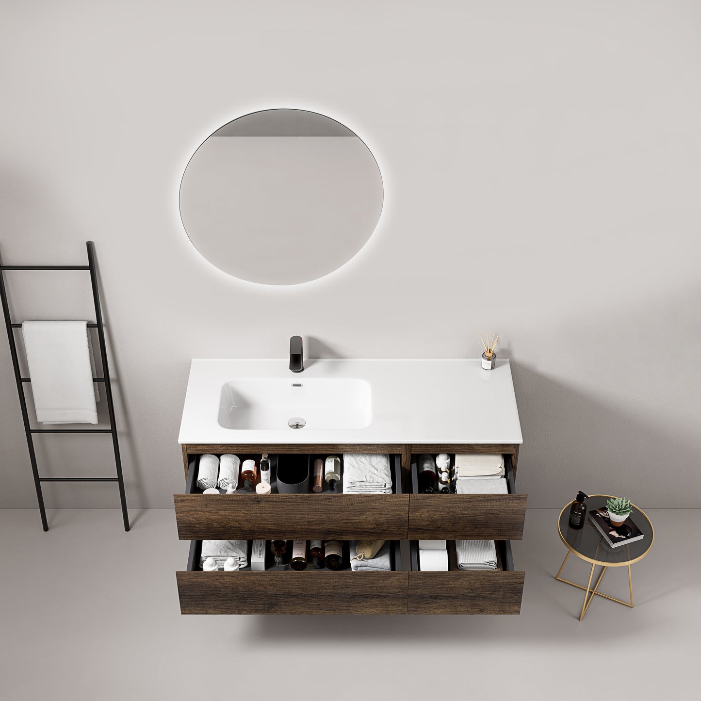 Mobile bagno sospeso 120 cm Bruno Scuro Lavabo a Sinistra in Ceramica Specchio Tondo Retroilluminato - Fiji Wood