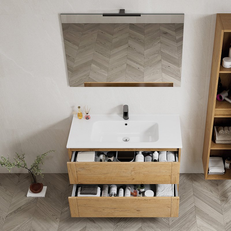 Mobile Bagno Sospeso 100 cm Oak con Specchio con Lampada Led Barcelona – Spazio