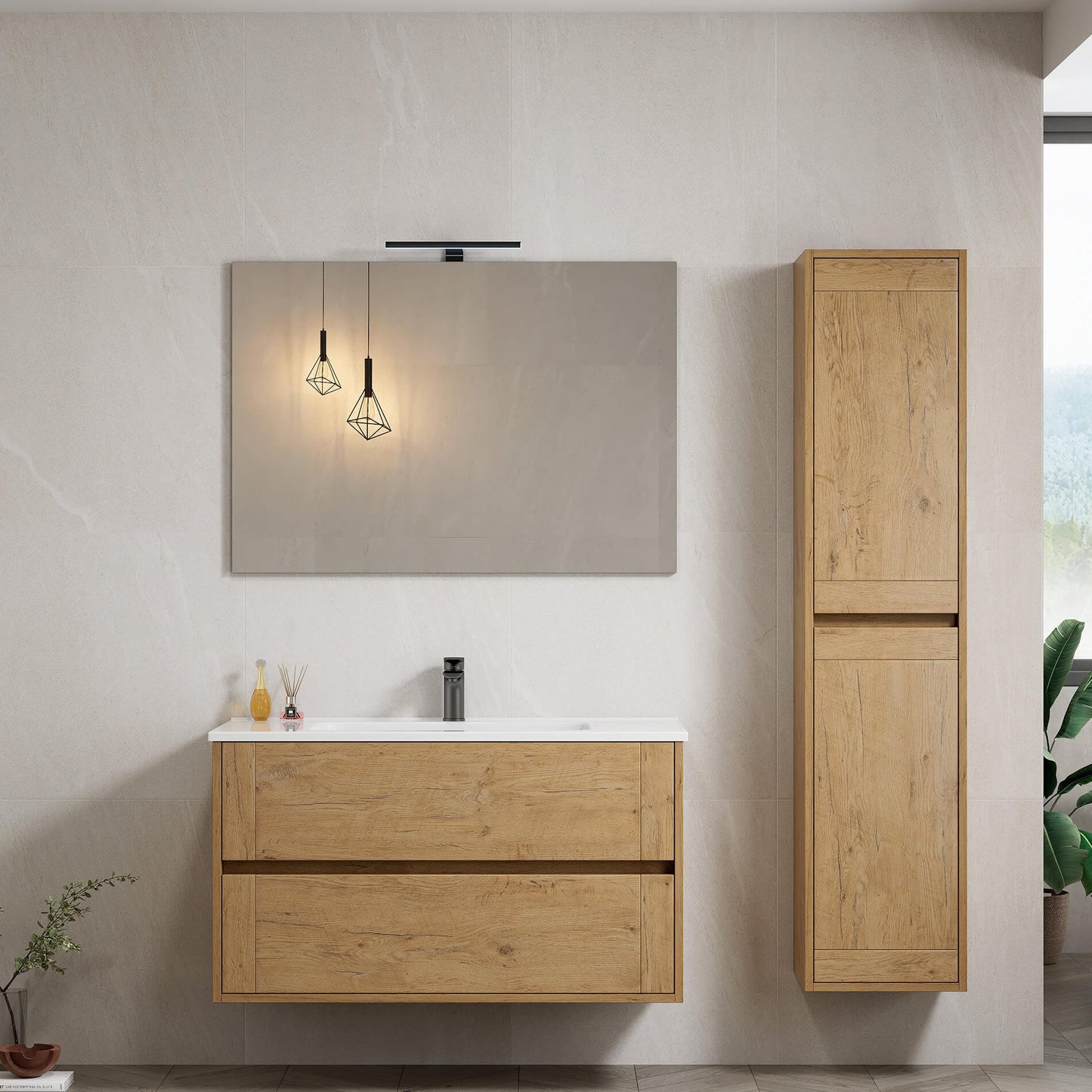 Mobile Bagno Sospeso 100 cm Oak con Specchio con Lampada Led Barcelona – Spazio
