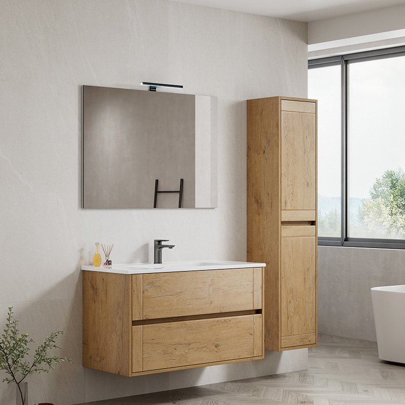 Mobile Bagno Sospeso 100 cm Oak con Specchio con Lampada Led Barcelona – Spazio