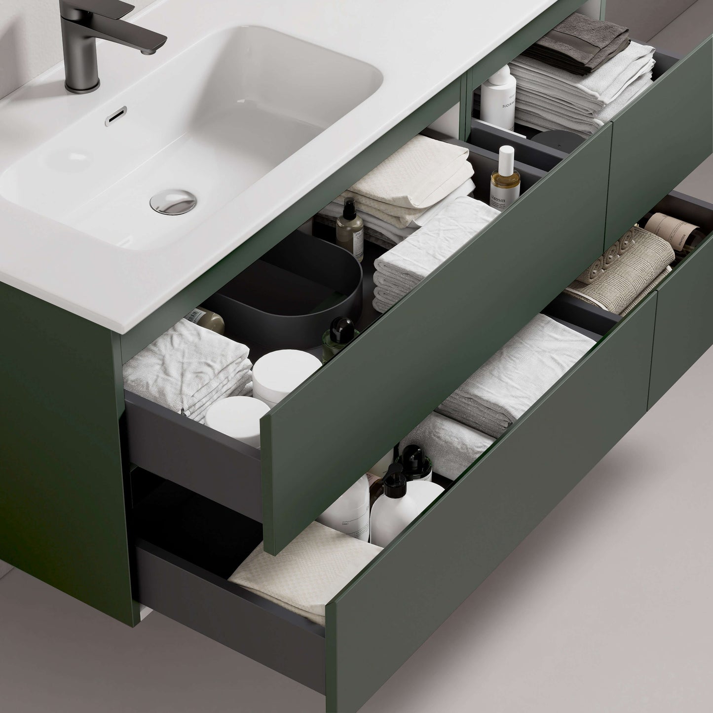 Mobile bagno sospeso verde Comodoro con lavabo e cassetti organizzati in resina e prodotti per la cura personale. (25686952)