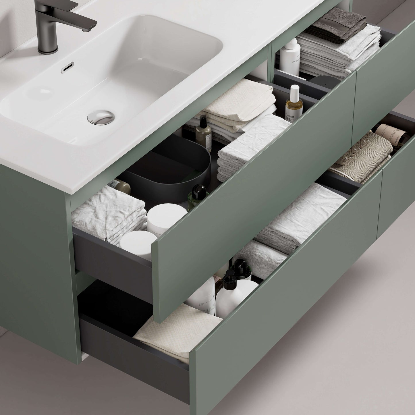 Mobile bagno sospeso verde salvia con lavabo, cassetti organizzati e accessori per il bagno. (25687046)