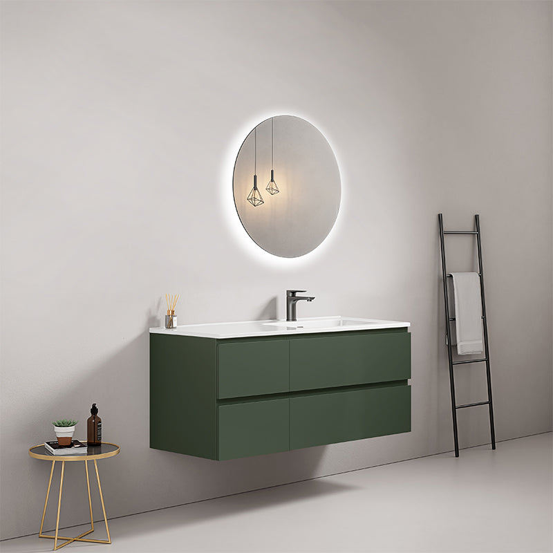 Mobile bagno sospeso 120 cm Verde Comodoro Lavabo a Destra in Ceramica Specchio Tondo Retroilluminato - Fiji Paint