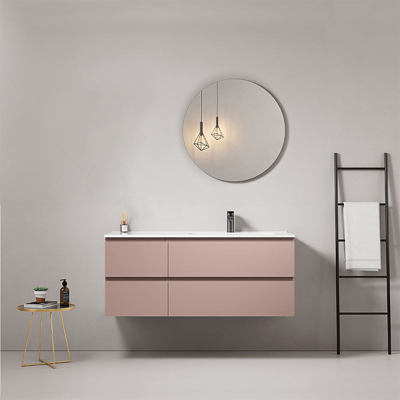 Mobile bagno sospeso 120 cm Rosa Retro Lavabo a Destra in Ceramica Specchio Tondo - Fiji Paint