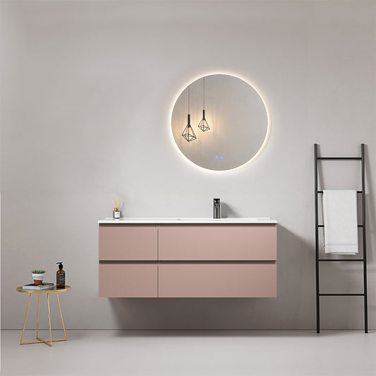 Mobile bagno sospeso 120 cm Rosa Retro Lavabo a Destra in Ceramica Specchio Tondo Retroilluminato - Fiji Paint