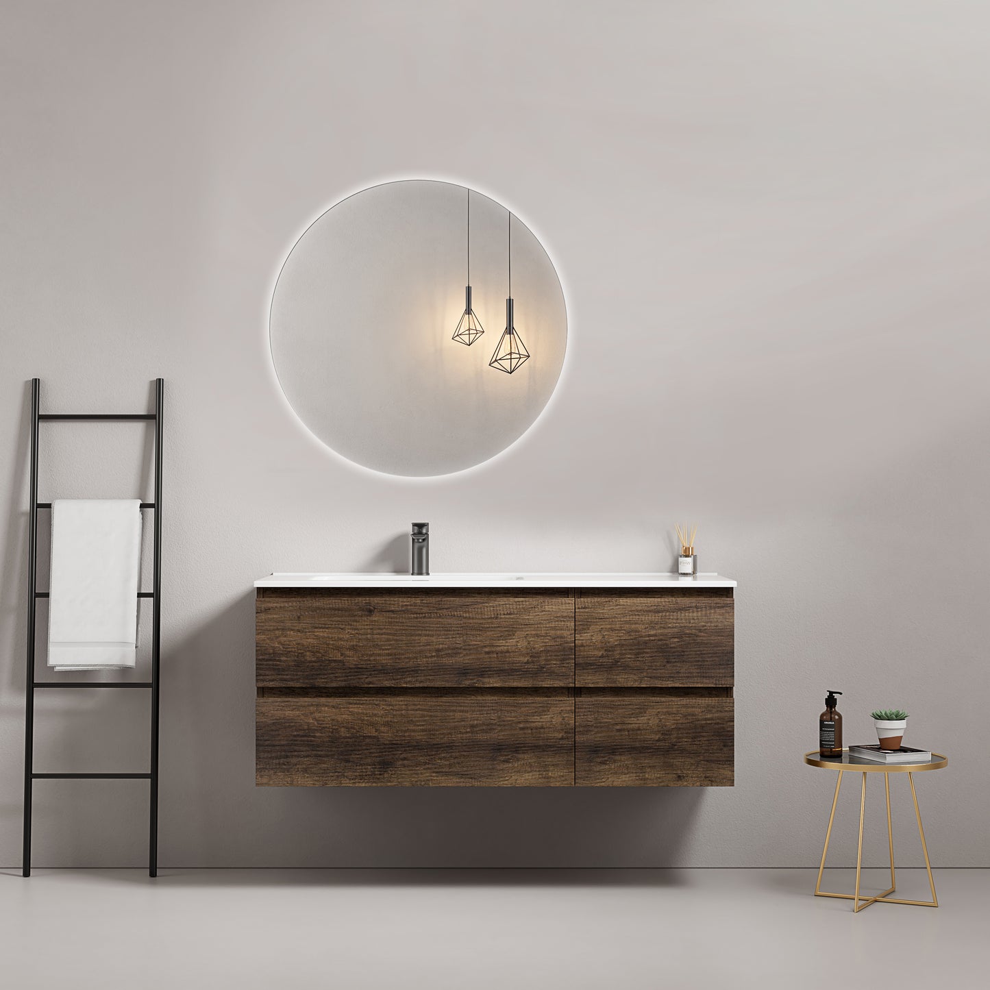 Mobile bagno sospeso 120 cm Bruno Scuro Lavabo a Sinistra in Ceramica Specchio Tondo Retroilluminato - Fiji Wood