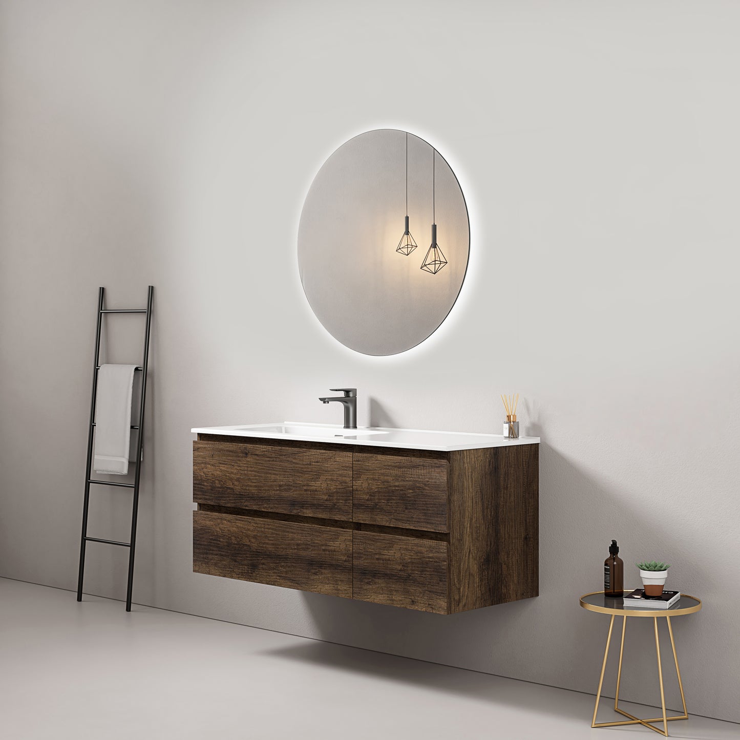 Mobile bagno sospeso 120 cm Bruno Scuro Lavabo a Sinistra in Ceramica Specchio Tondo Retroilluminato - Fiji Wood