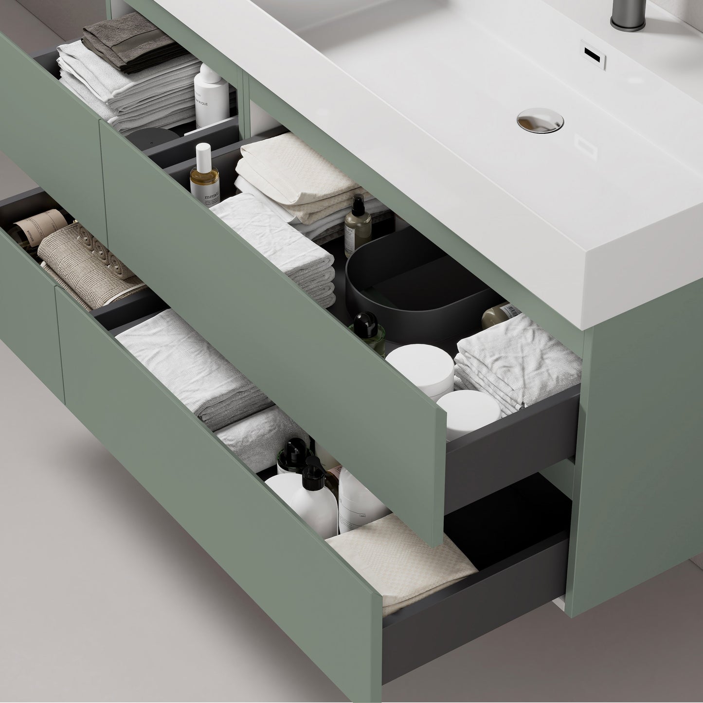 Mobile bagno sospeso 100 cm Verde Salvia Lavabo a Destra in Resina Senza Specchio - Fiji Paint