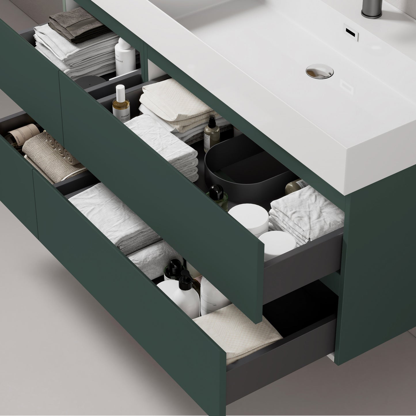 Mobile bagno sospeso 140 cm Verde Comodoro Lavabo a Destra in Resina Specchio Tondo - Fiji Paint