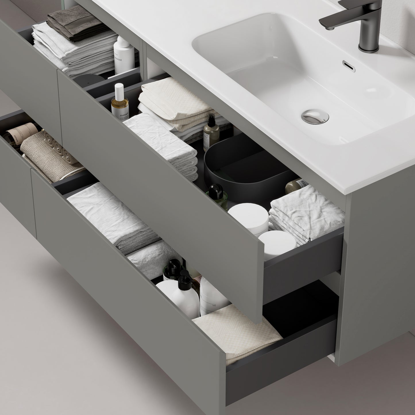 Mobile bagno sospeso 140 cm Grigio Londra Lavabo a Destra in Resina Specchio Tondo Retroilluminato - Fiji Paint