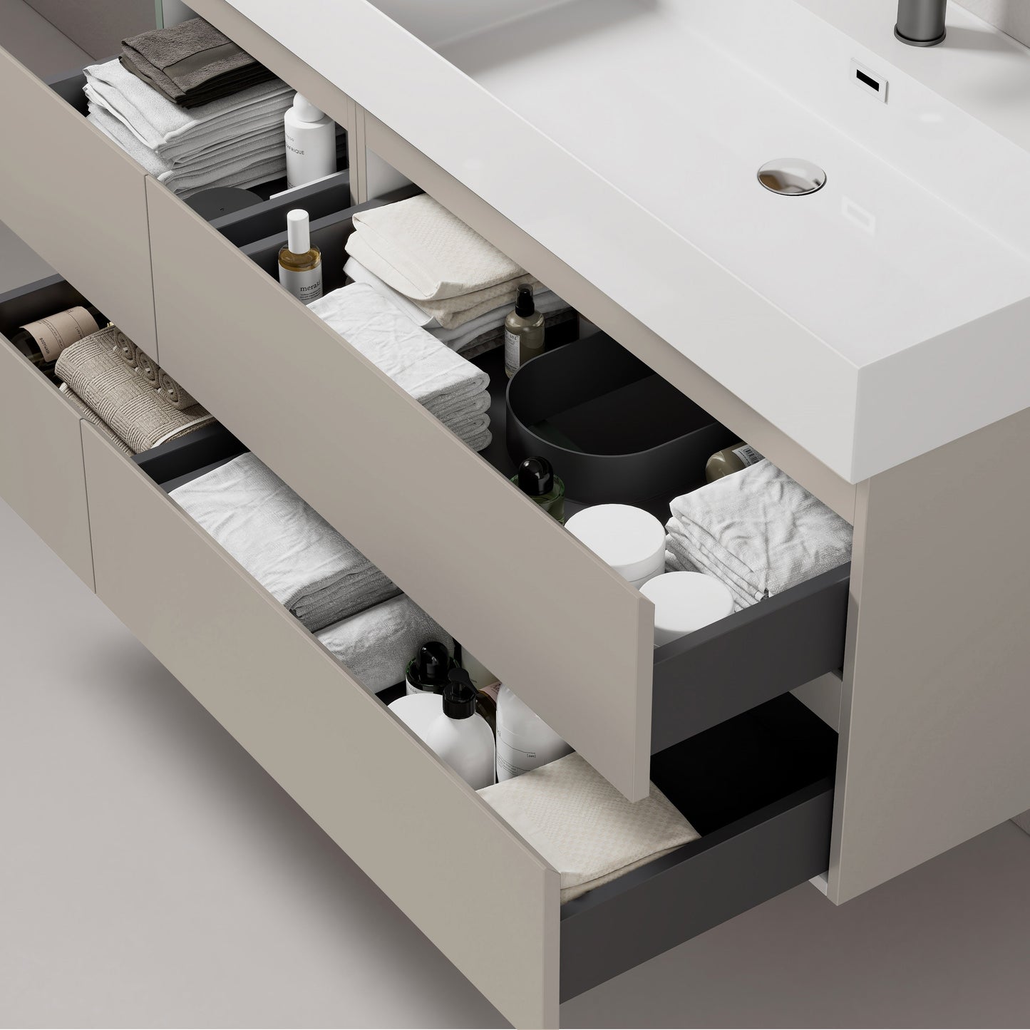 Mobile bagno sospeso 120 cm Grigio Cenere Lavabo a Destra in Resina Specchio Tondo Retroilluminato - Fiji Paint