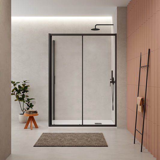 Box Doccia 70x140 cm Fisso + Scorrevole Vetro Trasparente e Profilo Nero - Escape
