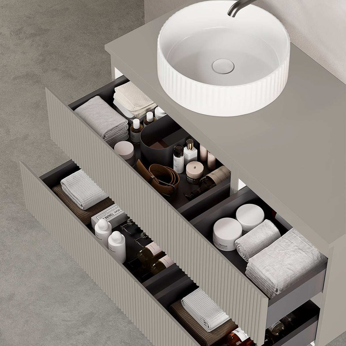 Mobile bagno sospeso cannettato reversibile 100 cm Grigio Cenere per Lavabo d'appoggio Specchio Tondo Retroilluminato - Fiji Paint Top Canneté