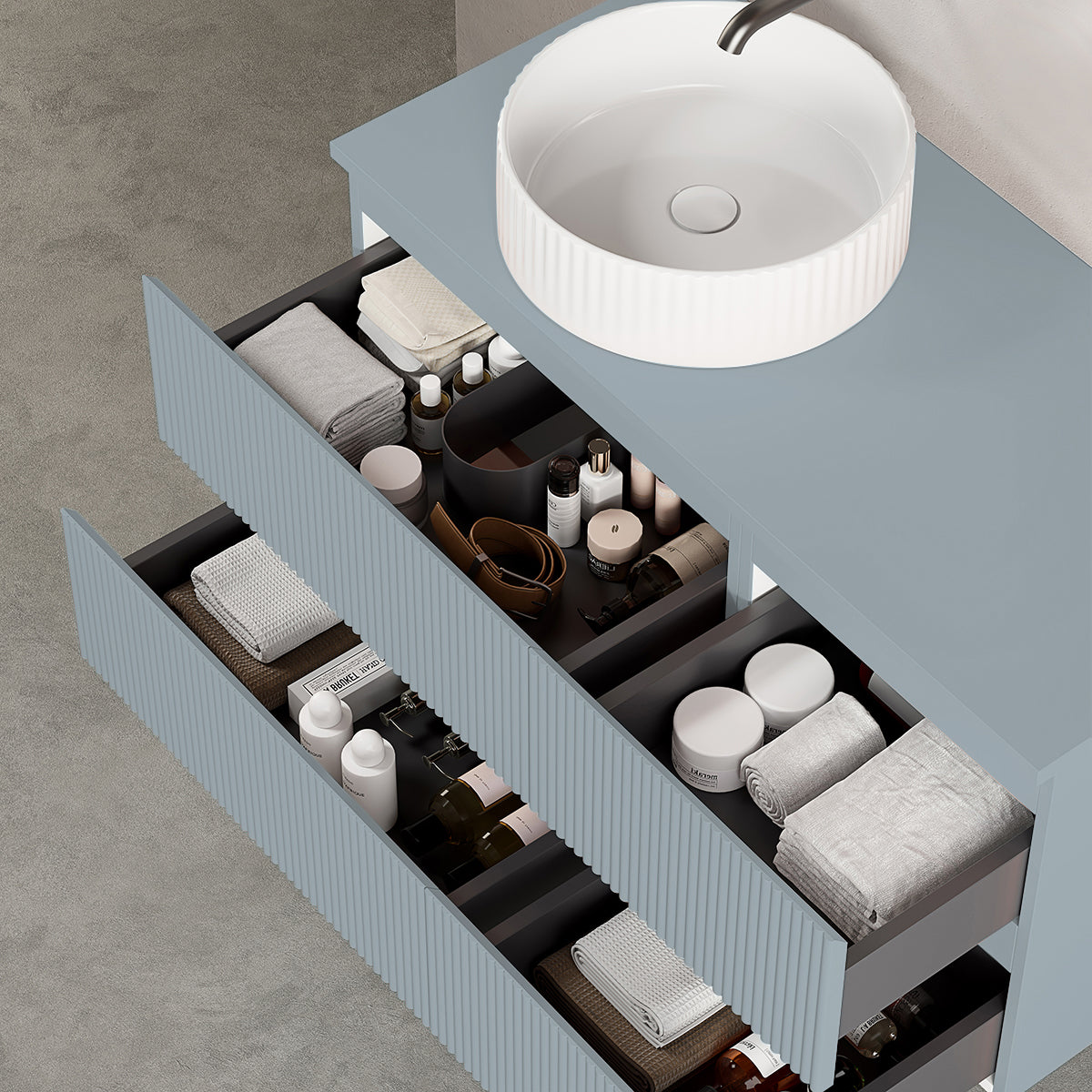 Mobile bagno sospeso cannettato reversibile 100 cm Blu Avio per Lavabo d'appoggio Specchio Quadro - Fiji Paint Top Canneté