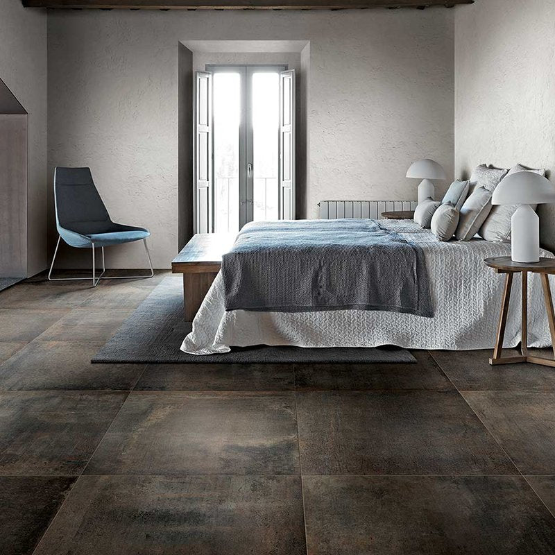 Modern bedroom featuring Gres Porcellanato Effetto Cemento Rectified 80x80 flooring by Florim in a stylish setting.