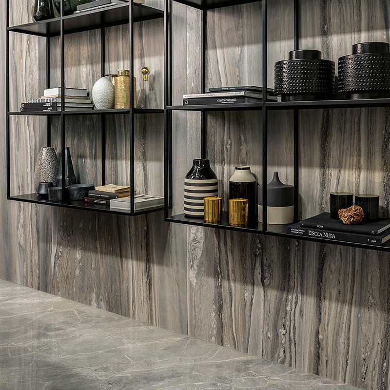 Gres porcellanato effetto marmo rettificato lucido 60x120 Tropical Etoile di Florim, con mensole moderne e decorazioni eleganti.