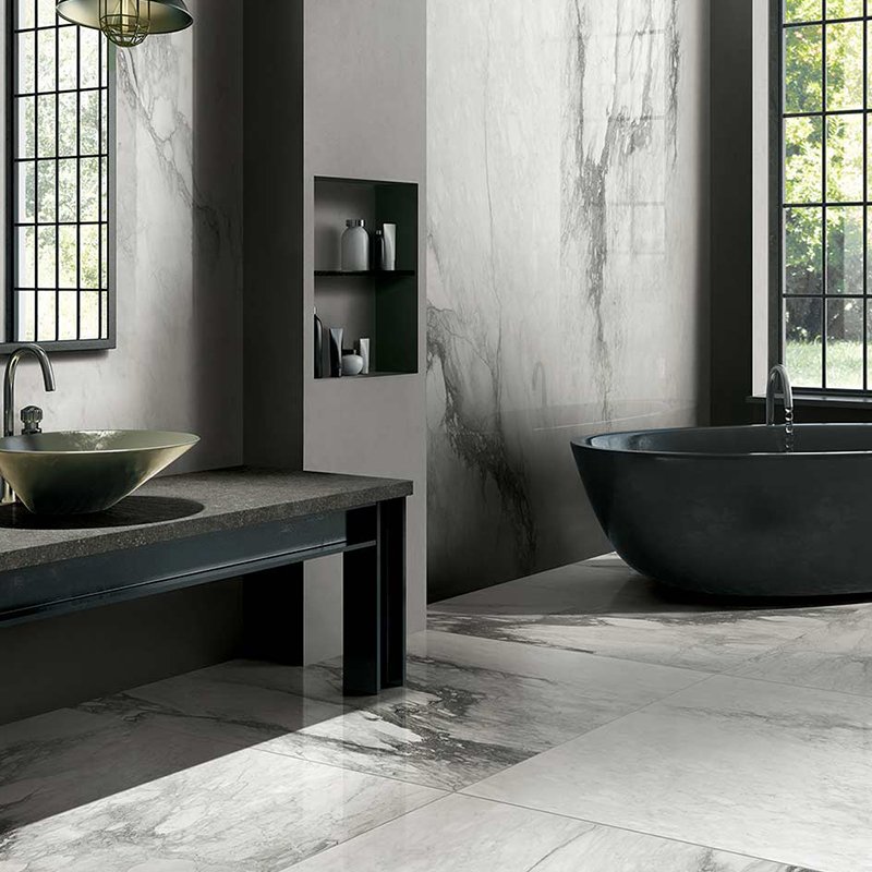 Elegant bathroom featuring Gres Porcellanato Effetto Marmo 60x120 tiles by Florim in a stylish modern setting.