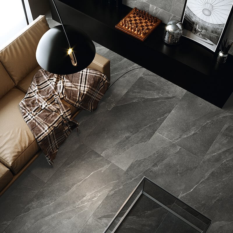 Natural Rectified Stone Effect Porcelain Stoneware 120x120 10mm Pietra Ligure Anthracite - Herberia