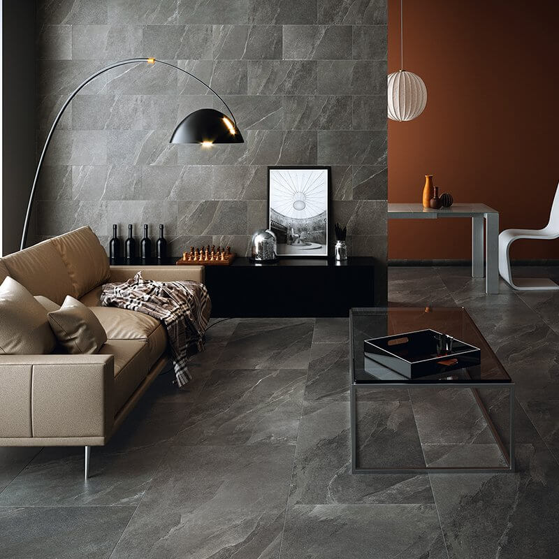 Natural Rectified Stone Effect Porcelain Stoneware 120x120 10mm Pietra Ligure Anthracite - Herberia