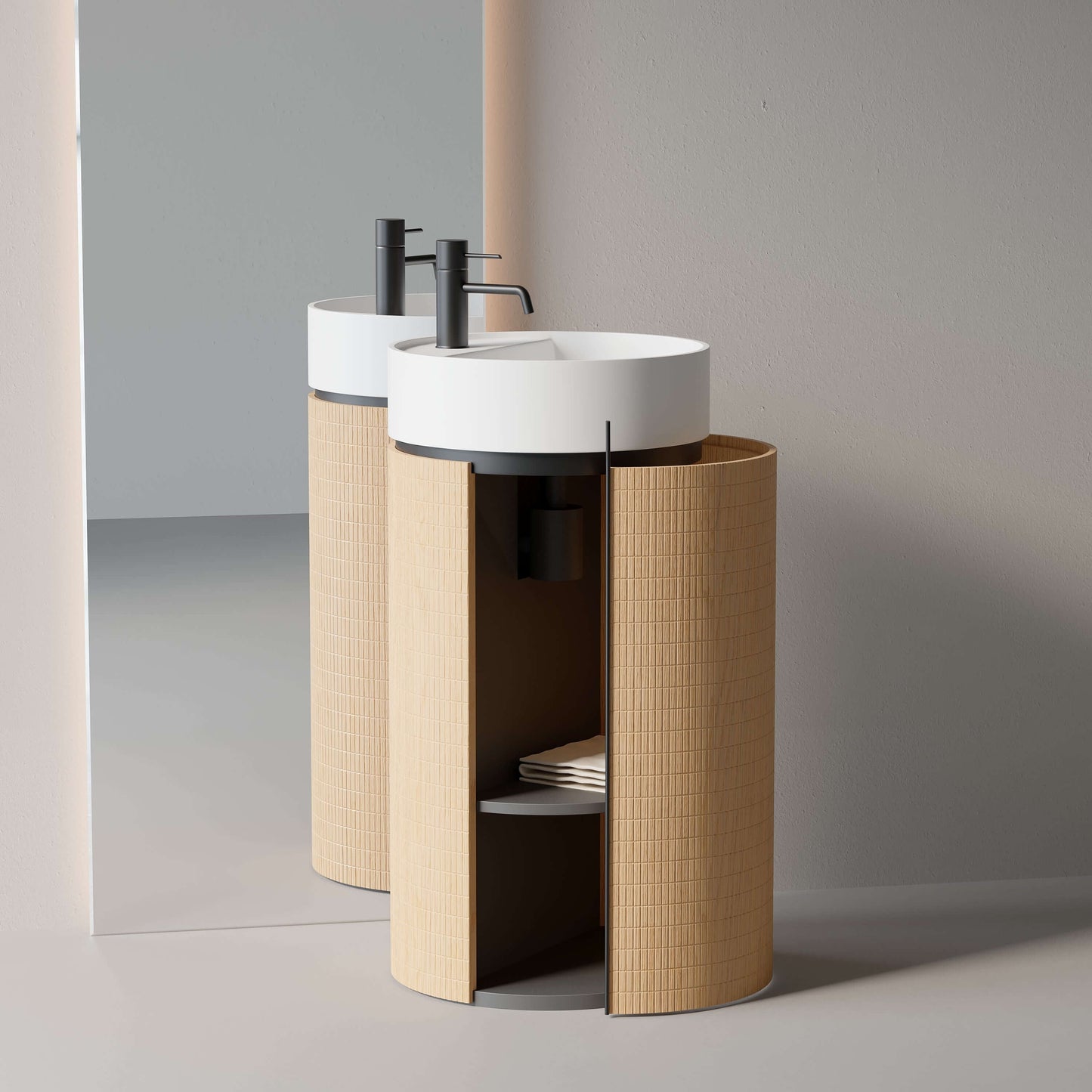 Elegante lavabo freestanding da 45 cm in rovere chiaro con specchio tondo retroilluminato - Design moderno e funzionale.
