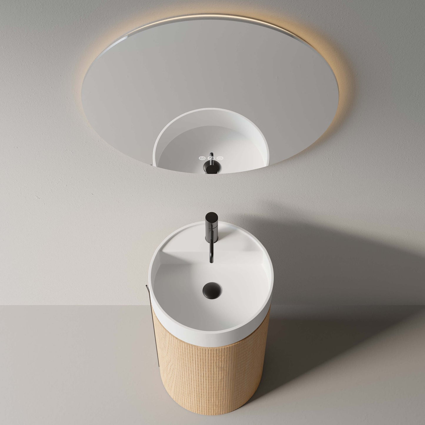Modern freestanding 45 cm sink with round backlit mirror, featuring stylish wood design and quality materials.