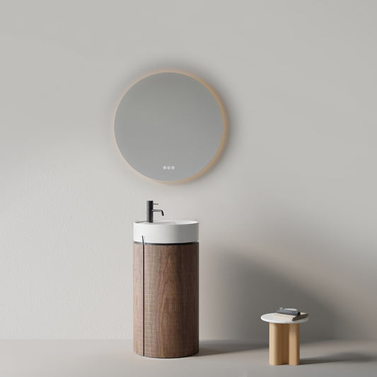 Lavabo Freestanding 45 cm Rovere Scuro Specchio Tondo Retroilluminato - Cora