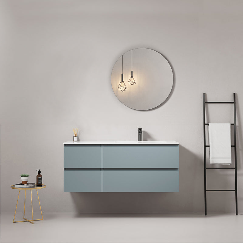 Mobile bagno sospeso 120 cm Blu Avio Lavabo a Destra in Ceramica Specchio Tondo - Fiji Paint
