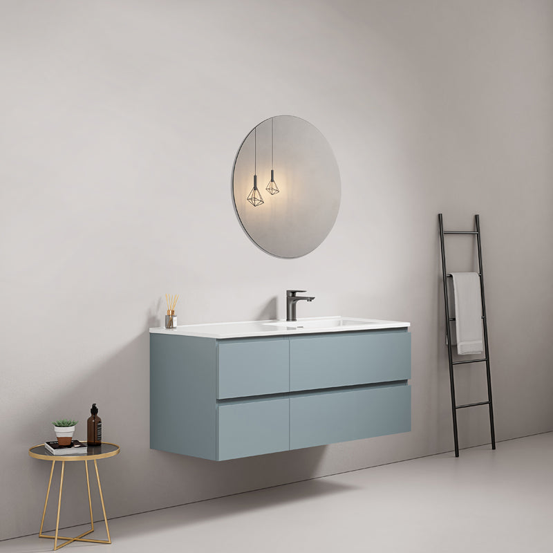 Mobile bagno sospeso 120 cm Blu Avio Lavabo a Destra in Ceramica Specchio Tondo - Fiji Paint