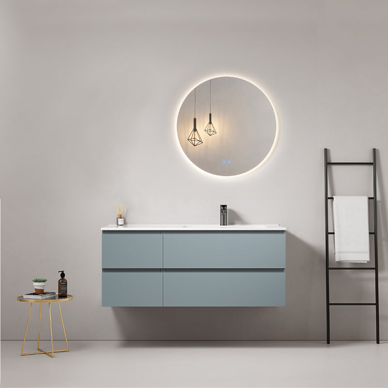 Mobile bagno sospeso 120 cm Blu Avio Lavabo a Destra in Ceramica Specchio Tondo Retroilluminato - Fiji Paint