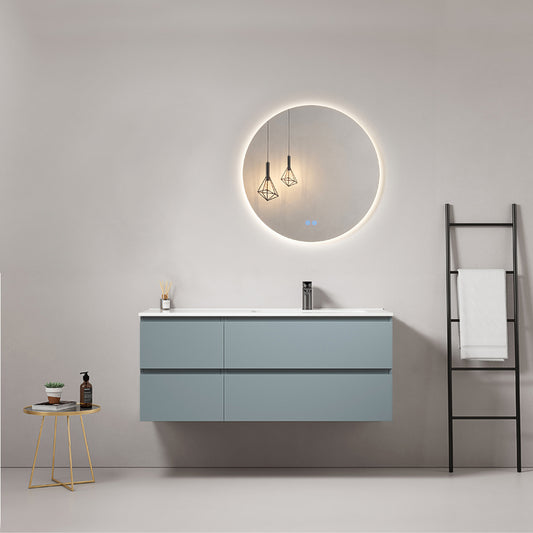 Mobile bagno sospeso 120 cm Blu Avio Lavabo a Destra in Ceramica Specchio Tondo Retroilluminato - Fiji Paint