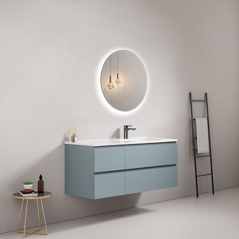 Mobile bagno sospeso 120 cm Blu Avio Lavabo a Destra in Ceramica Specchio Tondo Retroilluminato - Fiji Paint