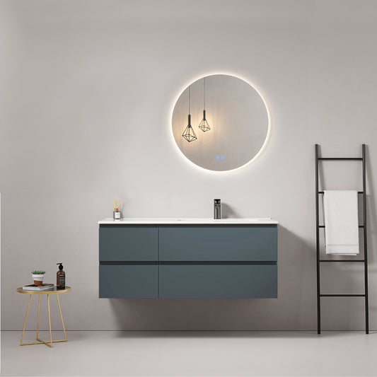 Mobile bagno sospeso 120 cm Blu Mare Lavabo a Destra in Ceramica Specchio Tondo Retroilluminato - Fiji Paint