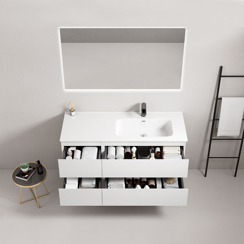 Mobile bagno sospeso 120 cm Bianco Lavabo a Destra in Ceramica Specchio Quadro Retroilluminato - Fiji Paint