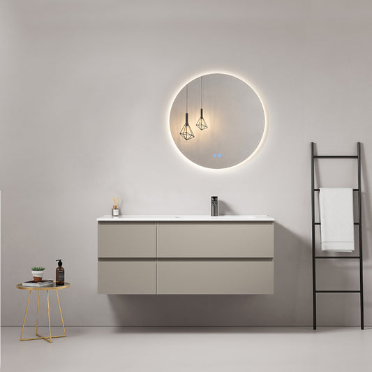 Mobile bagno sospeso 120 cm Grigio Cenere Lavabo a Destra in Ceramica Specchio Tondo Retroilluminato - Fiji Paint