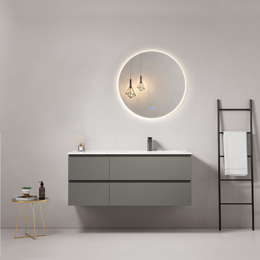 Mobile bagno sospeso 120 cm Grigio Londra Lavabo a Destra in Ceramica Specchio Tondo Retroilluminato - Fiji Paint