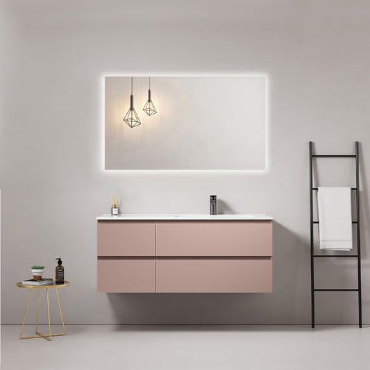 Mobile bagno sospeso 120 cm Rosa Retro Lavabo a Destra in Ceramica Specchio Quadro Retroilluminato - Fiji Paint