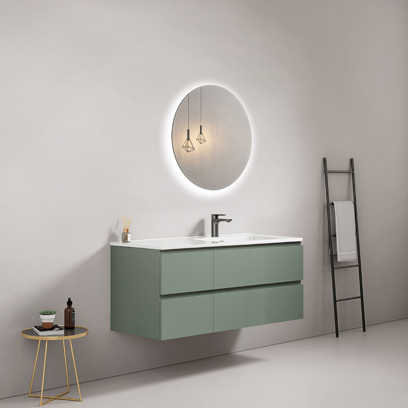 Mobile bagno sospeso 120 cm Verde Salvia Lavabo a Destra in Ceramica Specchio Tondo Retroilluminato - Fiji Paint