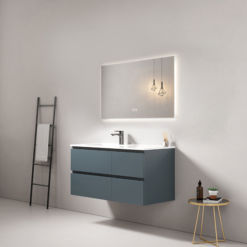 Mobile bagno sospeso 100 cm Blu Mare Lavabo a Sinistra in Ceramica Specchio Quadro Retroilluminato - Fiji Paint