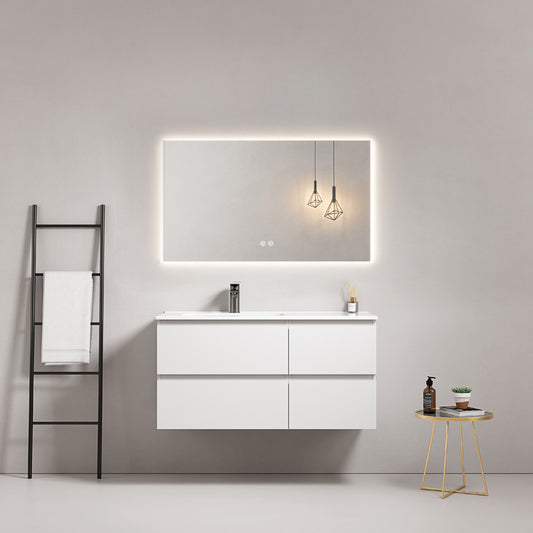 Mobile bagno sospeso 100 cm Bianco Lavabo a Sinistra in Ceramica Specchio Quadro Retroilluminato - Fiji Paint